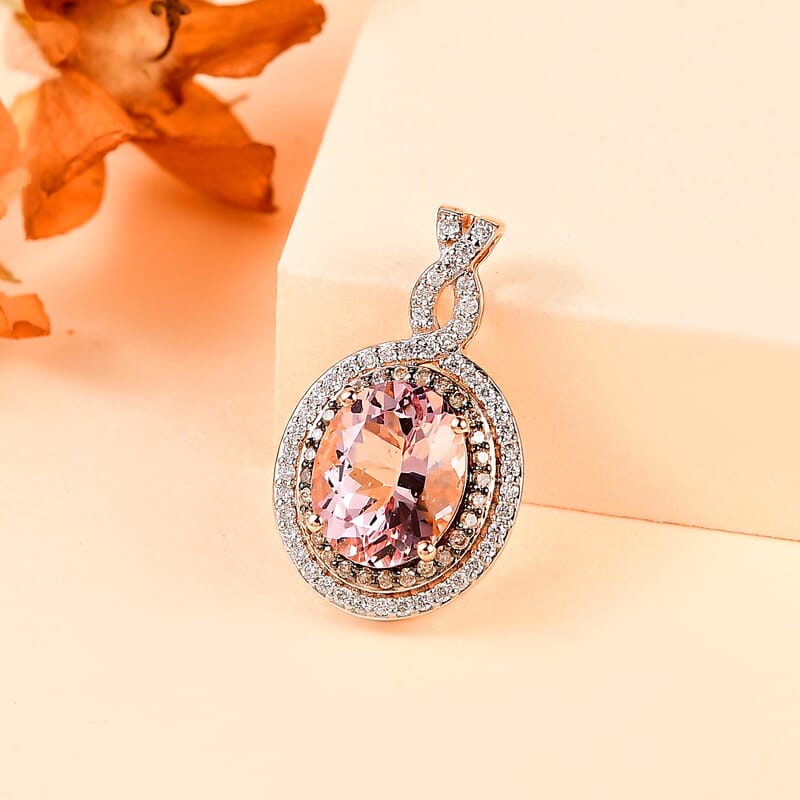 Luxoro 14K Rose Gold AAA Pink Morganite, Natural Champagne and White Diamond I2 Pendant without Chain 3.15 ctw
