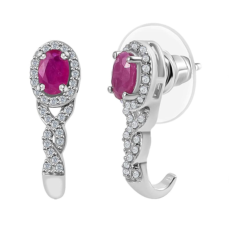 Premium Royal Ruby and White Zircon J-Hoop Earrings in Platinum Over Sterling Silver 1.75 ctw