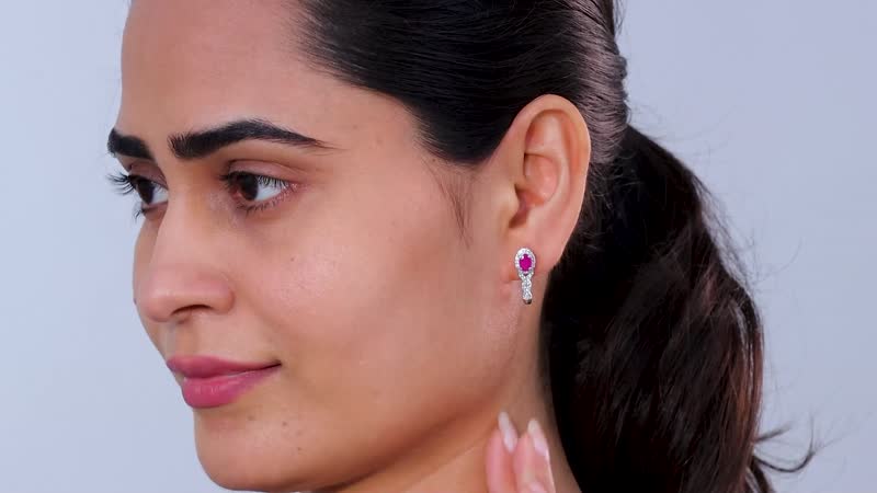 Premium Royal Ruby and White Zircon J-Hoop Earrings in Platinum Over Sterling Silver 1.75 ctw