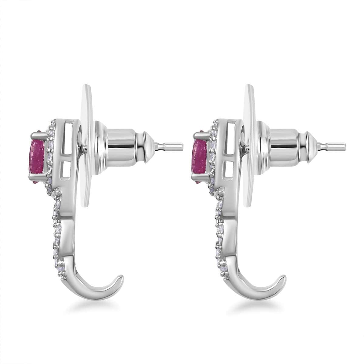 Premium Taveta Ruby and White Zircon J-Hoop Earrings in Platinum Over Sterling Silver 1.75 ctw image number 3