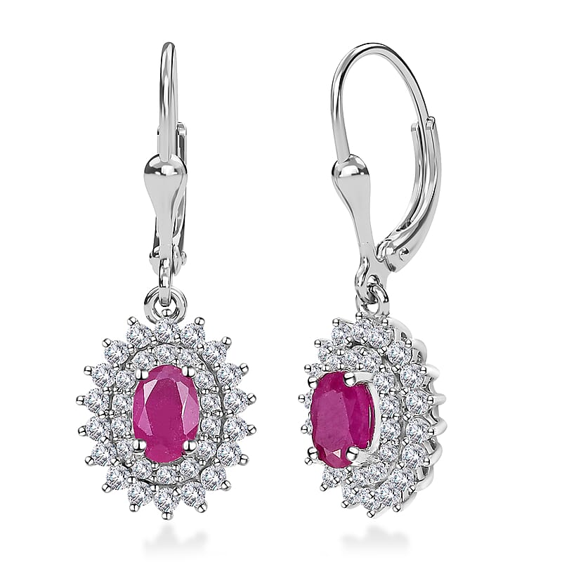 Premium Royal Ruby and White Zircon Lever Back Earrings in Platinum Over Sterling Silver 2.35 ctw