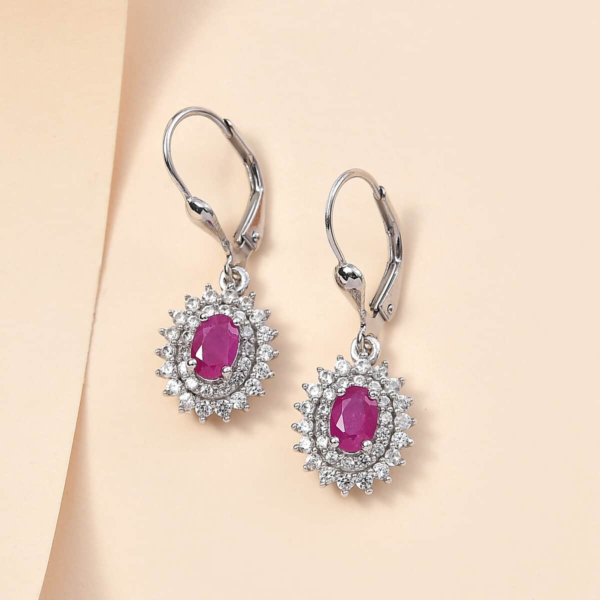 Premium Taveta Ruby and White Zircon Lever Back Earrings in Platinum Over Sterling Silver 2.35 ctw image number 1