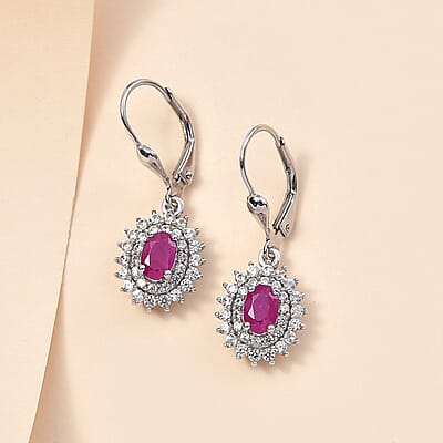 Premium Royal Ruby and White Zircon Lever Back Earrings in Platinum Over Sterling Silver 2.35 ctw