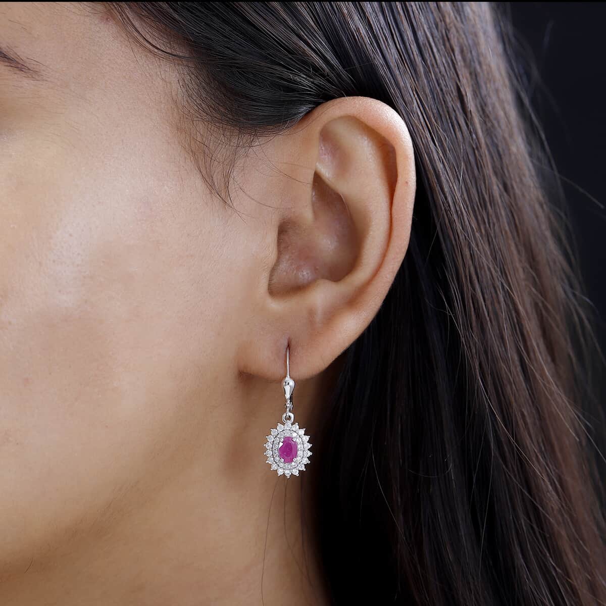Premium Taveta Ruby and White Zircon Lever Back Earrings in Platinum Over Sterling Silver 2.35 ctw image number 2