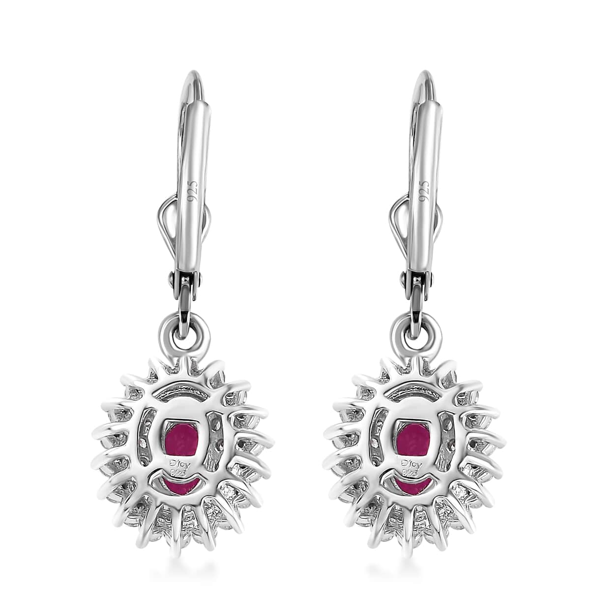 Premium Taveta Ruby and White Zircon Lever Back Earrings in Platinum Over Sterling Silver 2.35 ctw image number 3