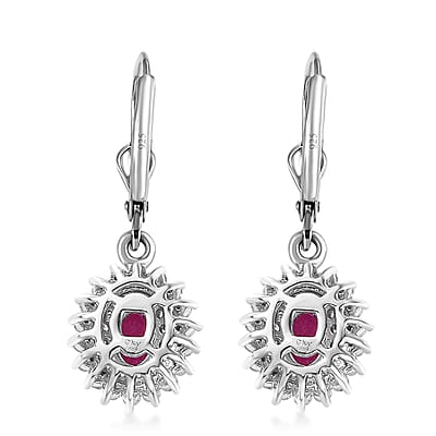 Premium Royal Ruby and White Zircon Lever Back Earrings in Platinum Over Sterling Silver 2.35 ctw