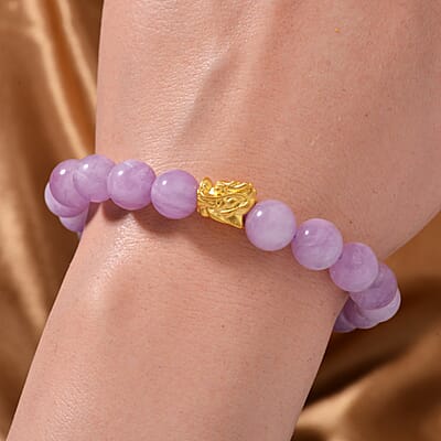 24K Yellow Gold AAA Kunzite Beaded Dragon Stretch Bracelet 129.10 ctw