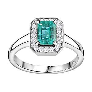 AAA Emerald and Moissanite 1.16 ctw Solitaire Ring in Rhodium Over Sterling Silver (Size 11.5)