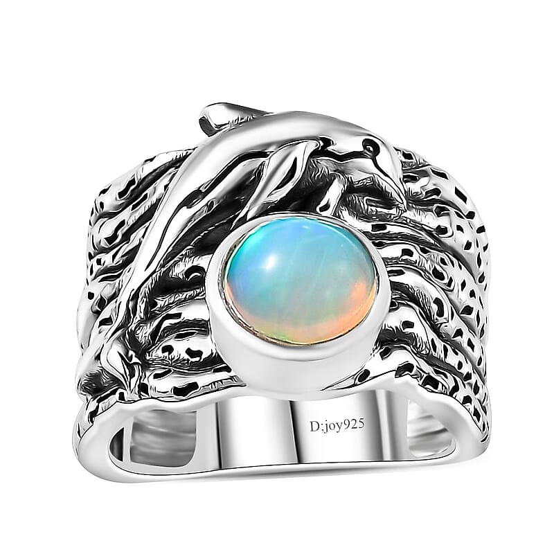 Artisan Crafted Ethiopian Welo Opal Dolphin Ring in Black Oxidized Sterling Silver (Size 10.0) 0.90 ctw