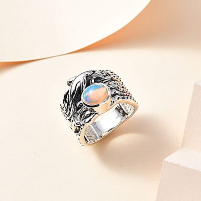 Artisan Crafted Ethiopian Welo Opal Dolphin Ring in Black Oxidized Sterling Silver (Size 10.0) 0.90 ctw