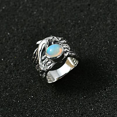 Artisan Crafted Ethiopian Welo Opal Dolphin Ring in Black Oxidized Sterling Silver (Size 10.0) 0.90 ctw