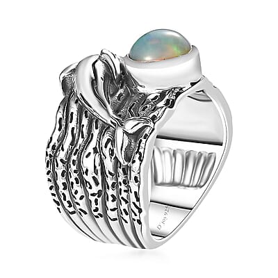 Artisan Crafted Ethiopian Welo Opal Dolphin Ring in Black Oxidized Sterling Silver (Size 10.0) 0.90 ctw