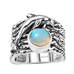Artisan Crafted Ethiopian Welo Opal Dolphin Ring in Black Oxidized Sterling Silver (Size 7.0) 0.90 ctw