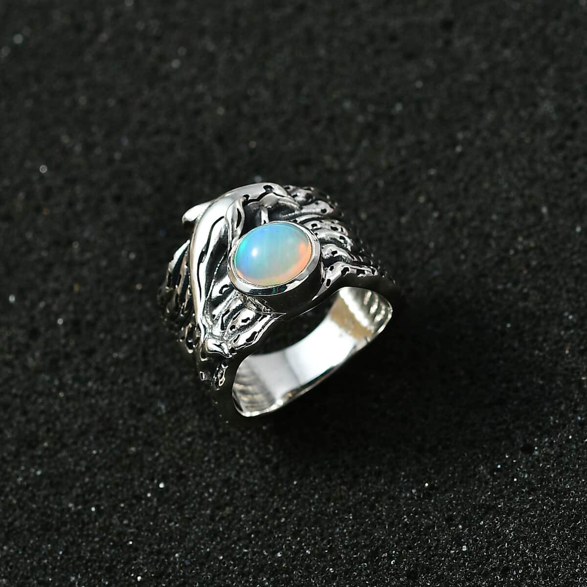 Artisan Crafted Ethiopian Welo Opal Dolphin Ring in Black Oxidized Sterling Silver (Size 8.0) 0.90 ctw image number 2