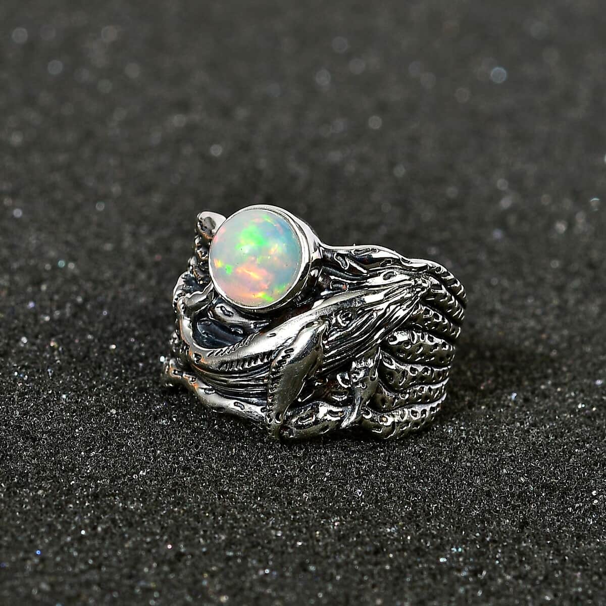 Artisan Crafted Ethiopian Welo Opal Whale Ring in Black Oxidized Sterling Silver (Size 10.0) 0.90 ctw image number 2