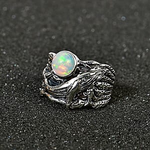 Artisan Crafted Ethiopian Welo Opal Whale Ring in Black Oxidized Sterling Silver (Size 6.0) 0.90 ctw