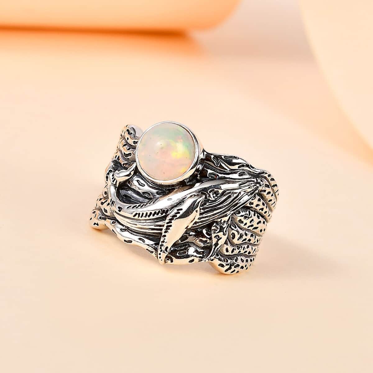 Artisan Crafted Ethiopian Welo Opal Whale Ring in Black Oxidized Sterling Silver (Size 8.0) 0.90 ctw image number 1