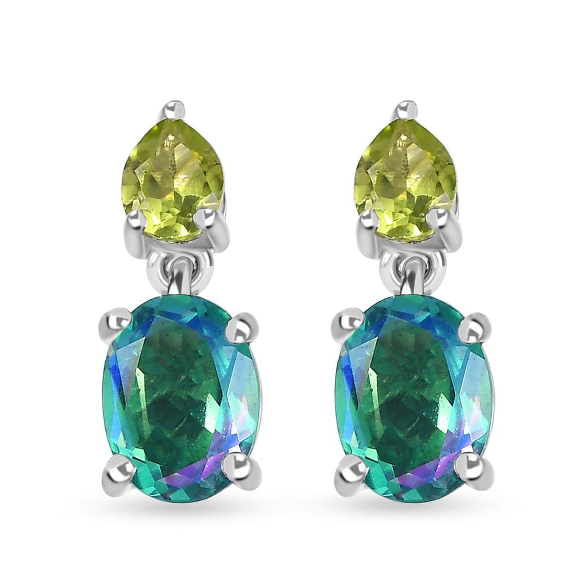 Peacock Quartz (Triplet) and Peridot Dangle Earrings in Platinum Over Sterling Silver 3.60 ctw image number 0
