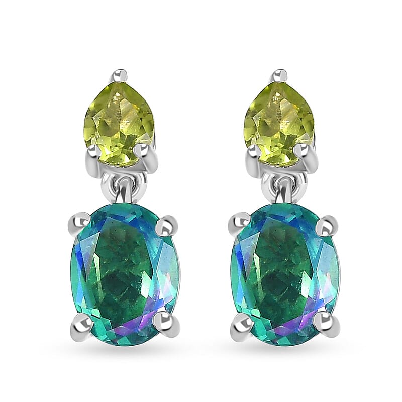 Peacock Quartz (Triplet) and Peridot Dangle Earrings in Platinum Over Sterling Silver 3.60 ctw
