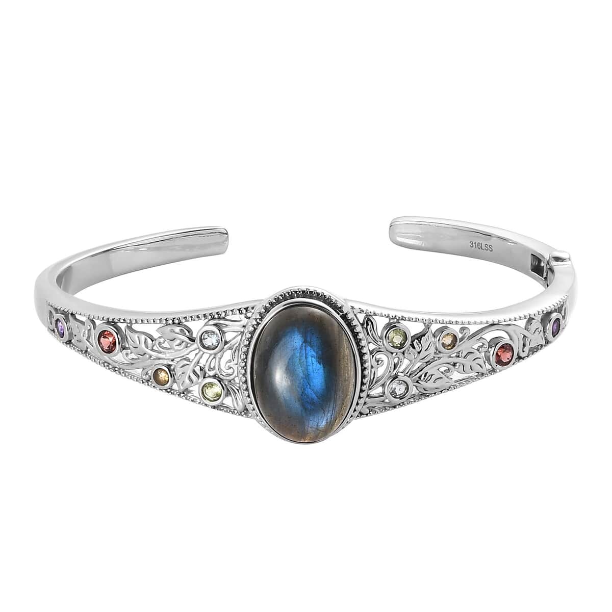 Malagasy Labradorite and Multi Gemstone Cuff Bracelet in Stainless Steel (7.25 In) 14.75 ctw image number 0