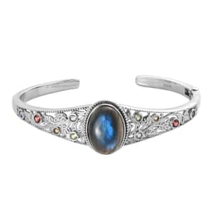 Malagasy Labradorite and Multi Gemstone Cuff Bracelet in Stainless Steel (7.25 In) 14.75 ctw