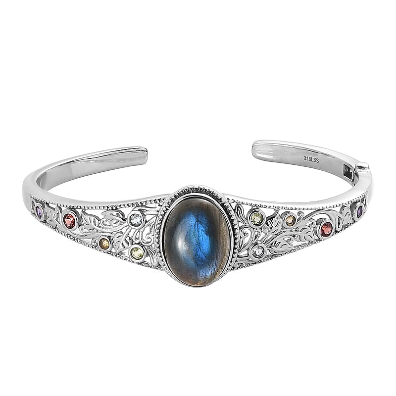 Malagasy Labradorite and Multi Gemstone Cuff Bracelet in Stainless Steel (7.25 In) 14.75 ctw