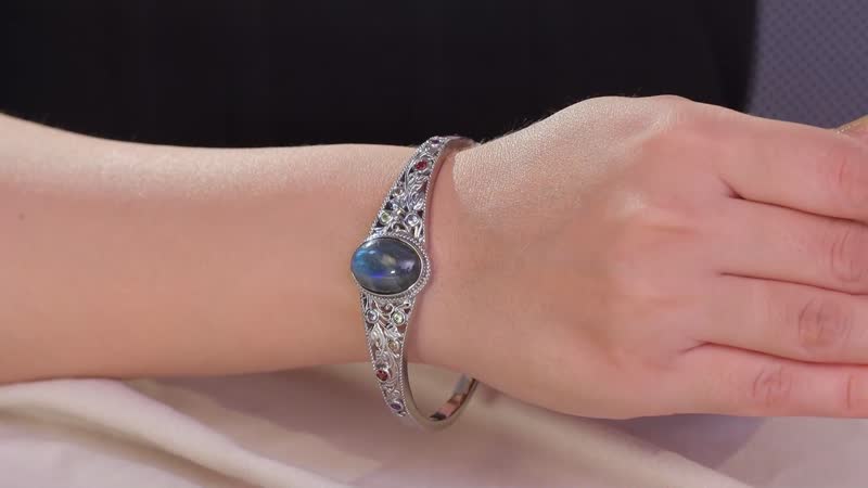 Malagasy Labradorite and Multi Gemstone Cuff Bracelet in Stainless Steel (7.25 In) 14.75 ctw