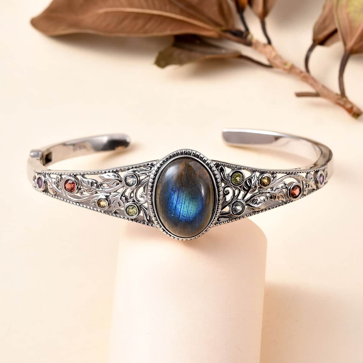 Malagasy Labradorite and Multi Gemstone Cuff Bracelet in Stainless Steel (7.25 In) 14.75 ctw image number 1