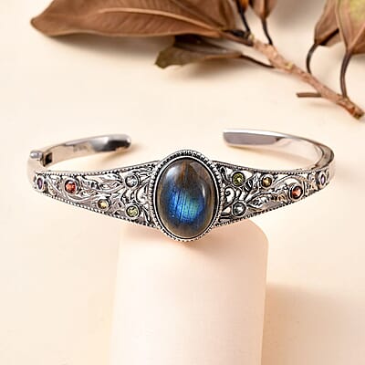 Malagasy Labradorite and Multi Gemstone Cuff Bracelet in Stainless Steel (7.25 In) 14.75 ctw