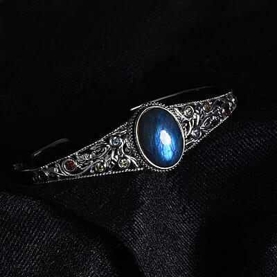 Malagasy Labradorite and Multi Gemstone Cuff Bracelet in Stainless Steel (7.25 In) 14.75 ctw