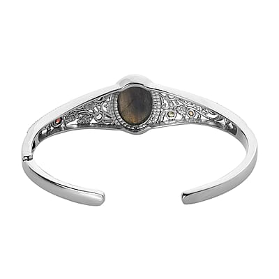 Malagasy Labradorite and Multi Gemstone Cuff Bracelet in Stainless Steel (7.25 In) 14.75 ctw