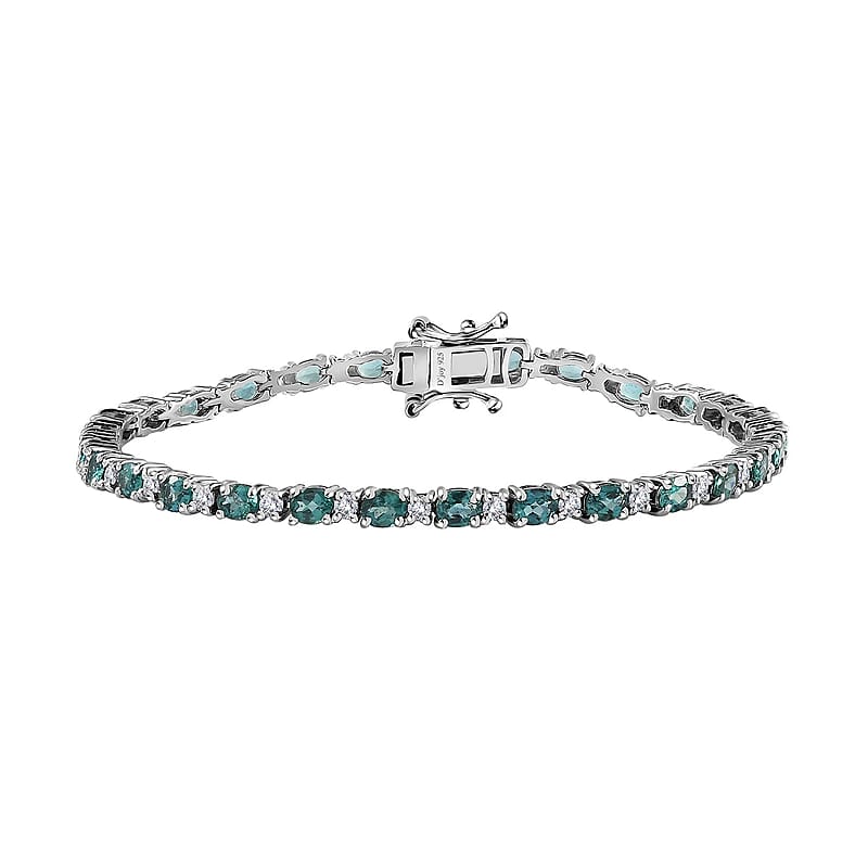 Indian Ocean Apatite and Moissanite Bracelet in Platinum Over Sterling Silver (7.25 In) 5.60 ctw