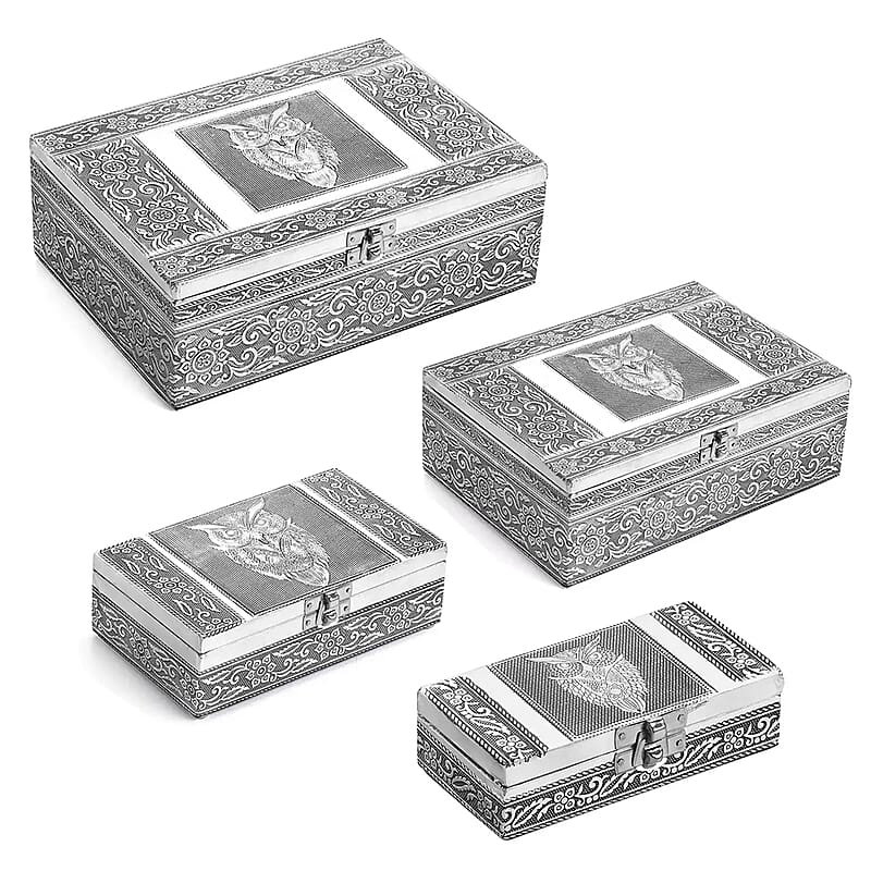 Handcrafted Set of 4 Owl Nested Aluminium Oxidized Nested Box