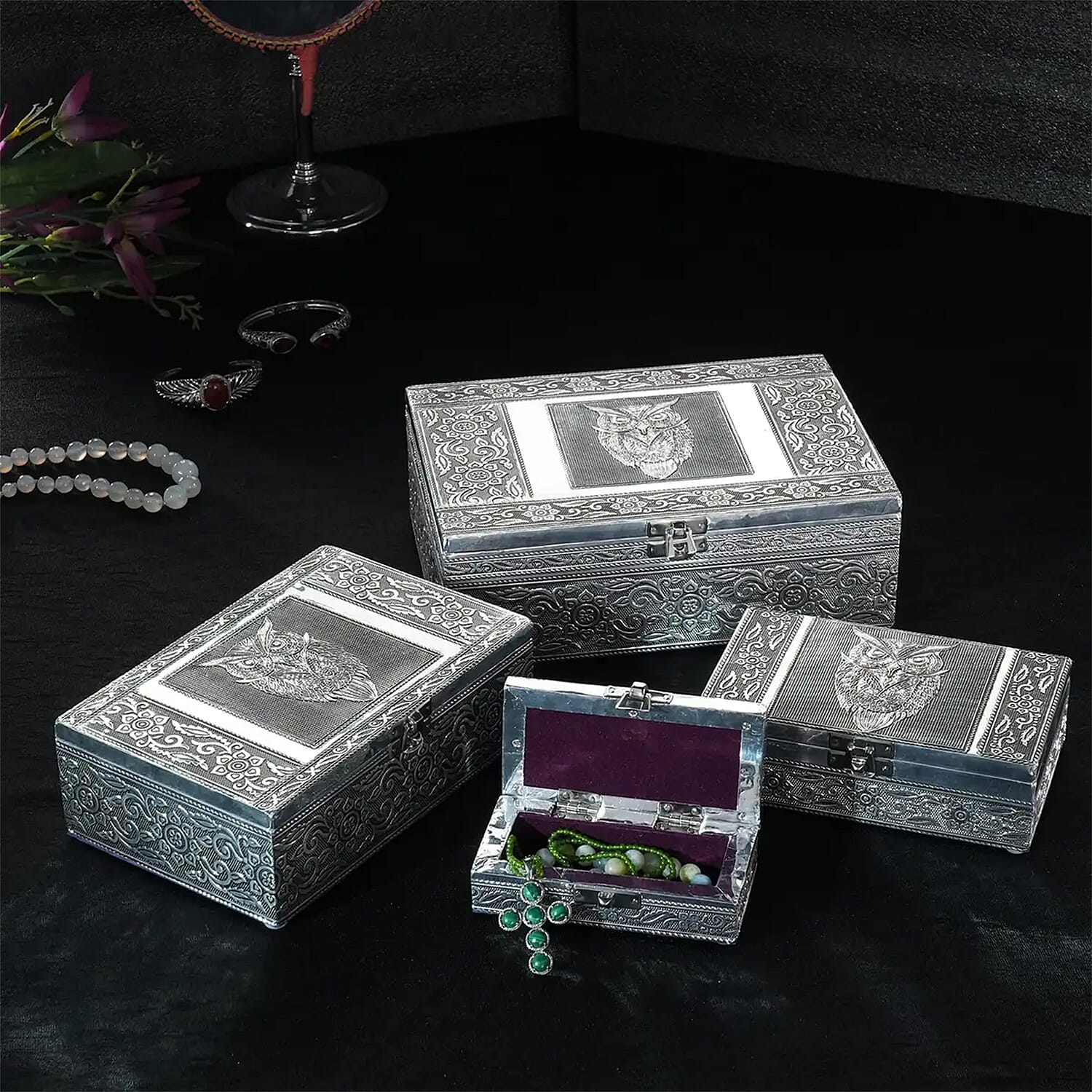 Handcrafted Set of 4 Owl Nested Aluminium Oxidized Nested Box