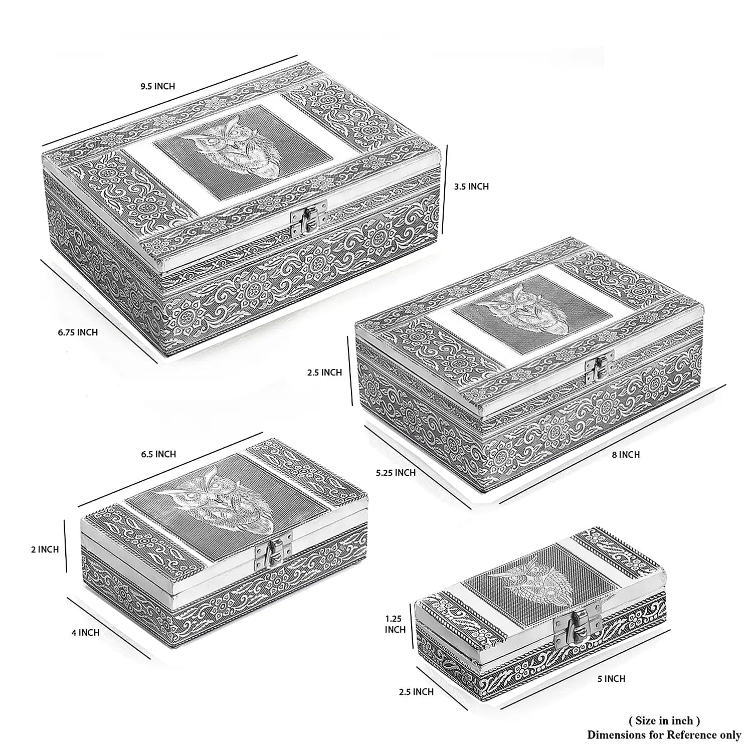 Handcrafted Set of 4 Owl Nested Aluminium Oxidized Nested Box