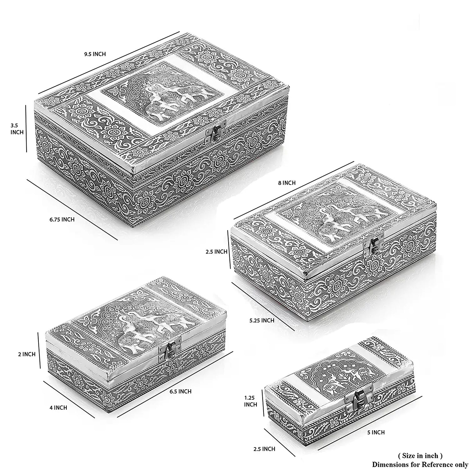 "Set of 4 Owl Nested Oxidized Nested Box  SIZE: 9.5(L)x6.75(W)x3.5(H) Inches 8(L)x5.25(W)x2.5(H) Inches 6.5(L)x4(W)x2(H) Inches 5(L)x2.5(W)x1.25(H) inch COLOR: Sliver"