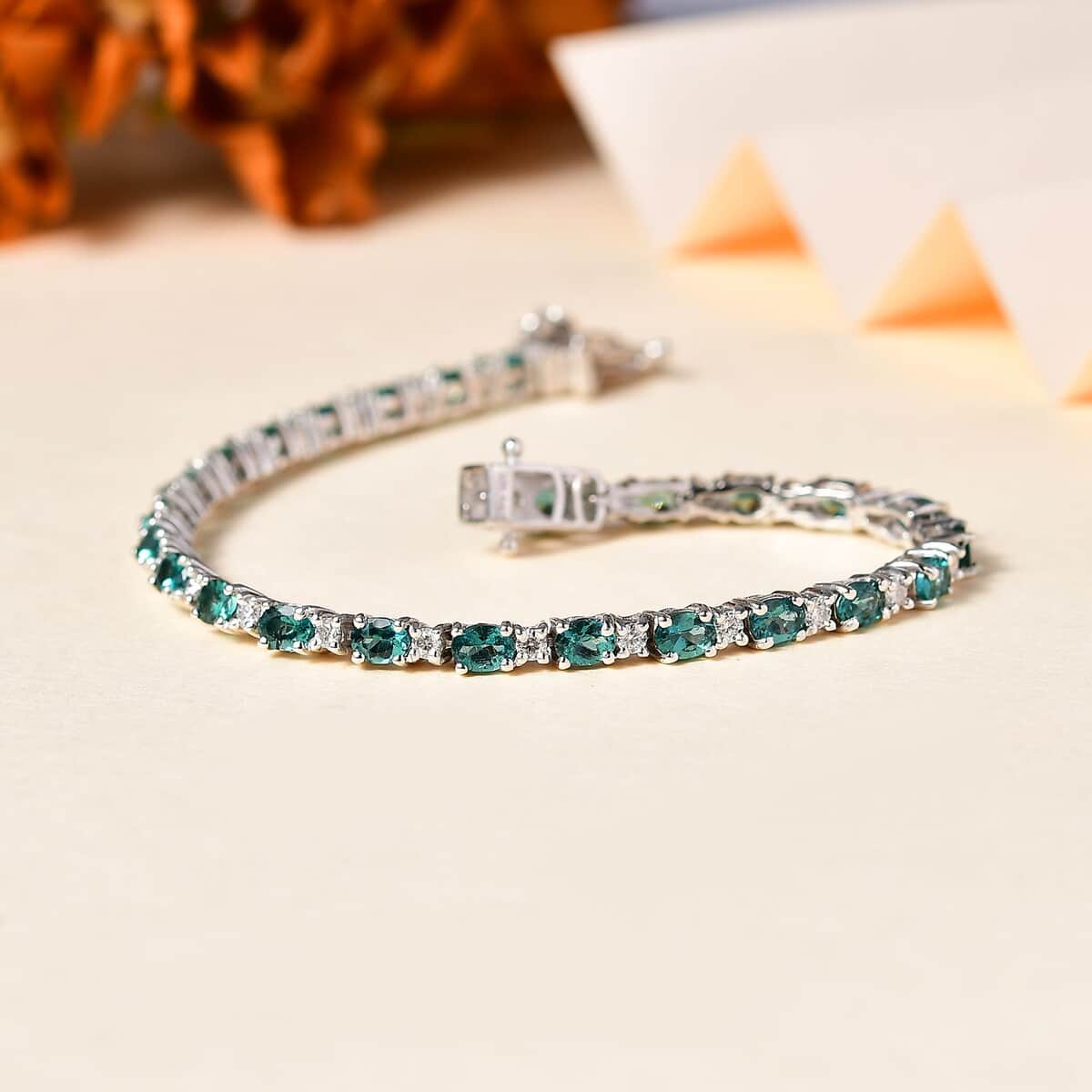 Indian Ocean Apatite and Moissanite Bracelet in Platinum Over Sterling Silver (6.50 In) 5.00 ctw image number 1
