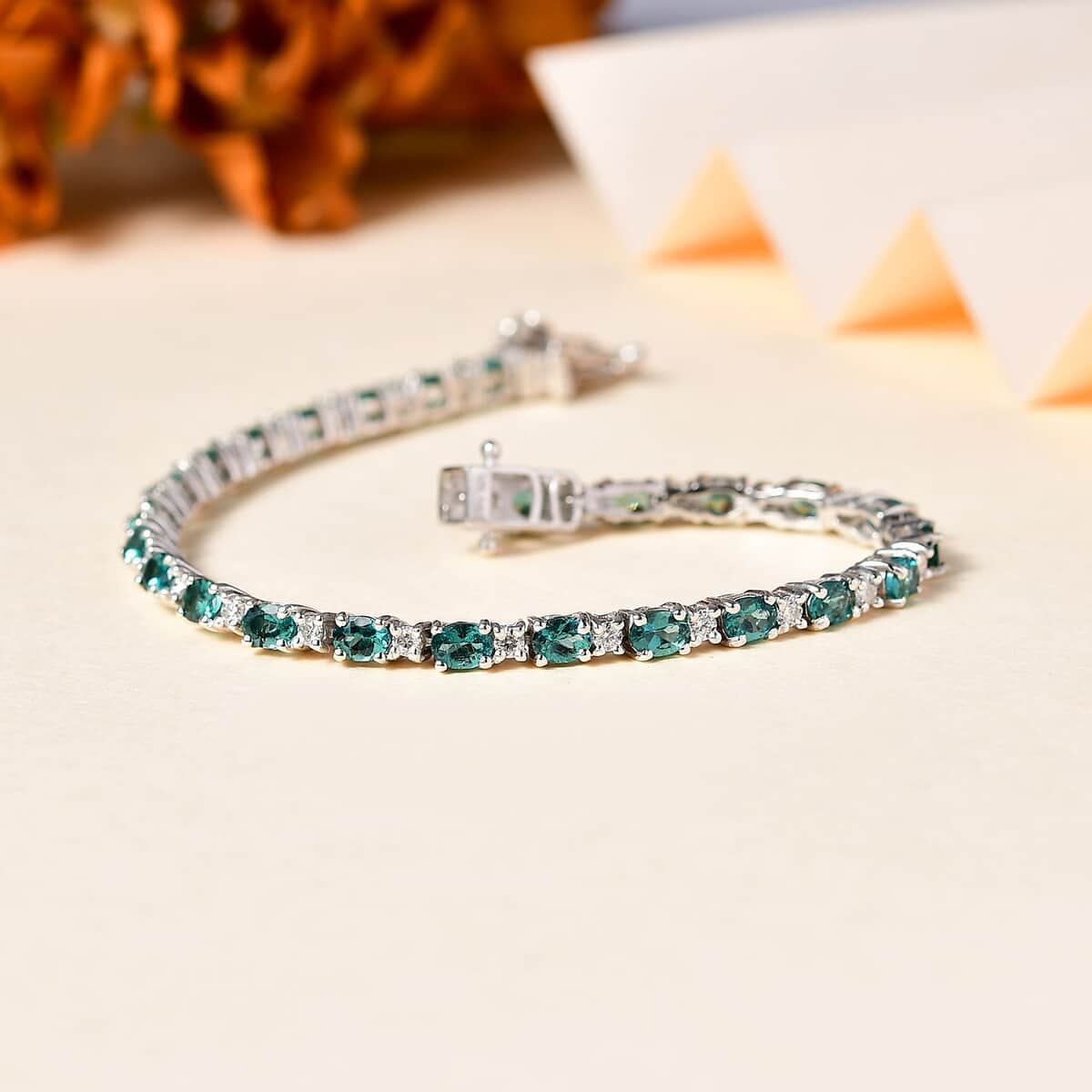 Indian Ocean Apatite and Moissanite Tennis Bracelet in Platinum Over Sterling Silver (8.00 In) 6.15 ctw image number 1