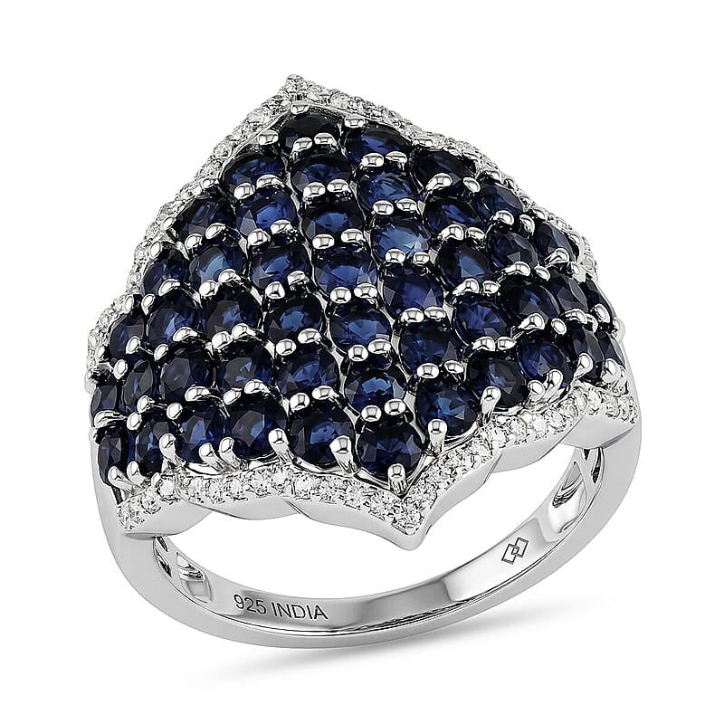 Premium Kanchanaburi Blue Sapphire (DF) and White Zircon 4.15 ctw Ring in Rhodium Over Sterling Silver (Size 5.0)