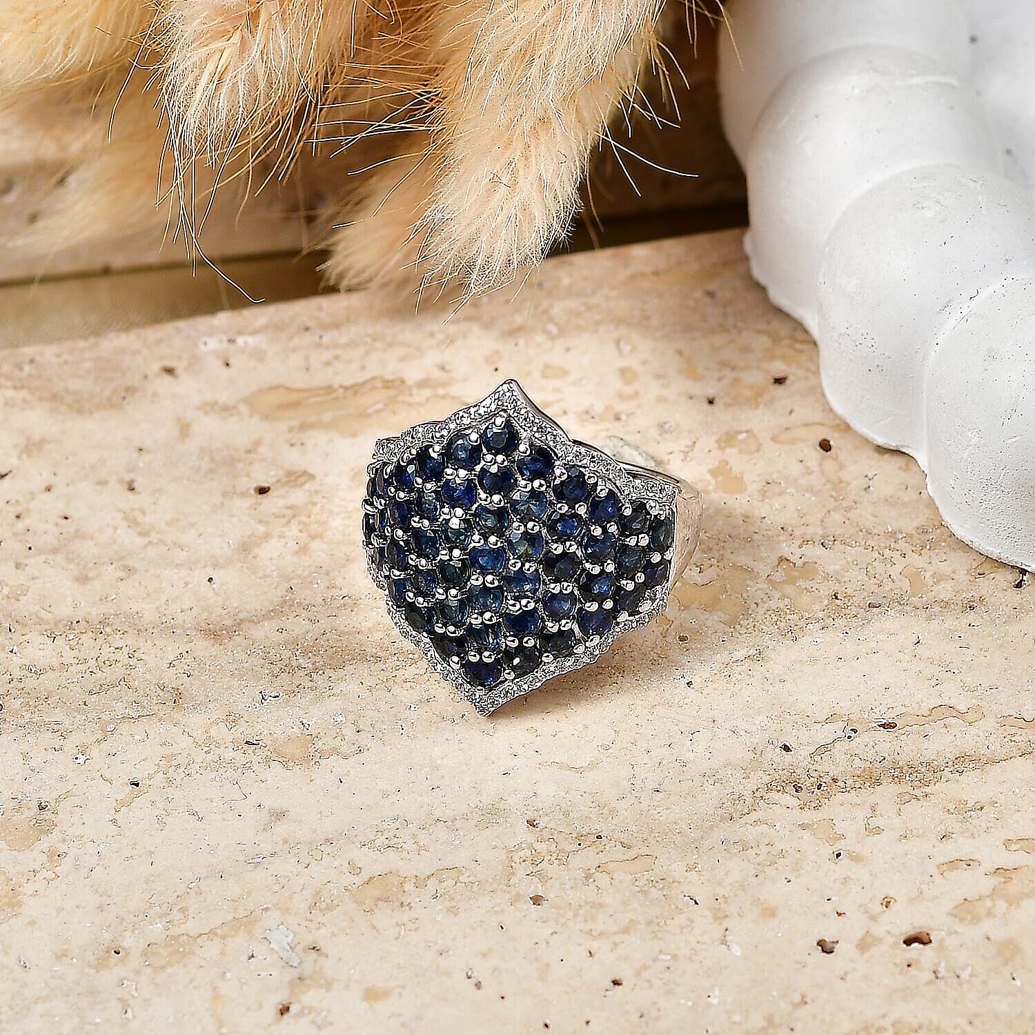 Premium Kanchanaburi Blue Sapphire (DF) and White Zircon 4.15 ctw Ring in Rhodium Over Sterling Silver (Size 5.0)