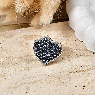 Premium Kanchanaburi Blue Sapphire (DF) and White Zircon 4.15 ctw Ring in Rhodium Over Sterling Silver (Size 5.0)