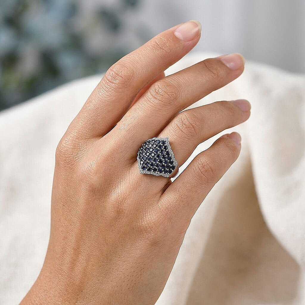 Premium Kanchanaburi Blue Sapphire (DF) and White Zircon 4.15 ctw Ring in Rhodium Over Sterling Silver (Size 5.0)