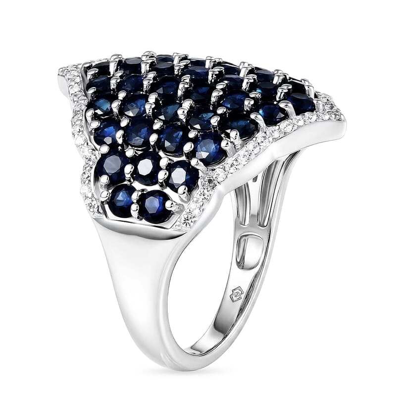 Premium Kanchanaburi Blue Sapphire (DF) and White Zircon 4.15 ctw Ring in Rhodium Over Sterling Silver (Size 5.0)