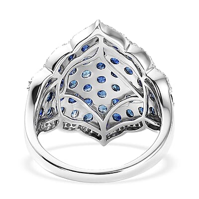 Premium Kanchanaburi Blue Sapphire (DF) and White Zircon 4.15 ctw Ring in Rhodium Over Sterling Silver (Size 5.0)