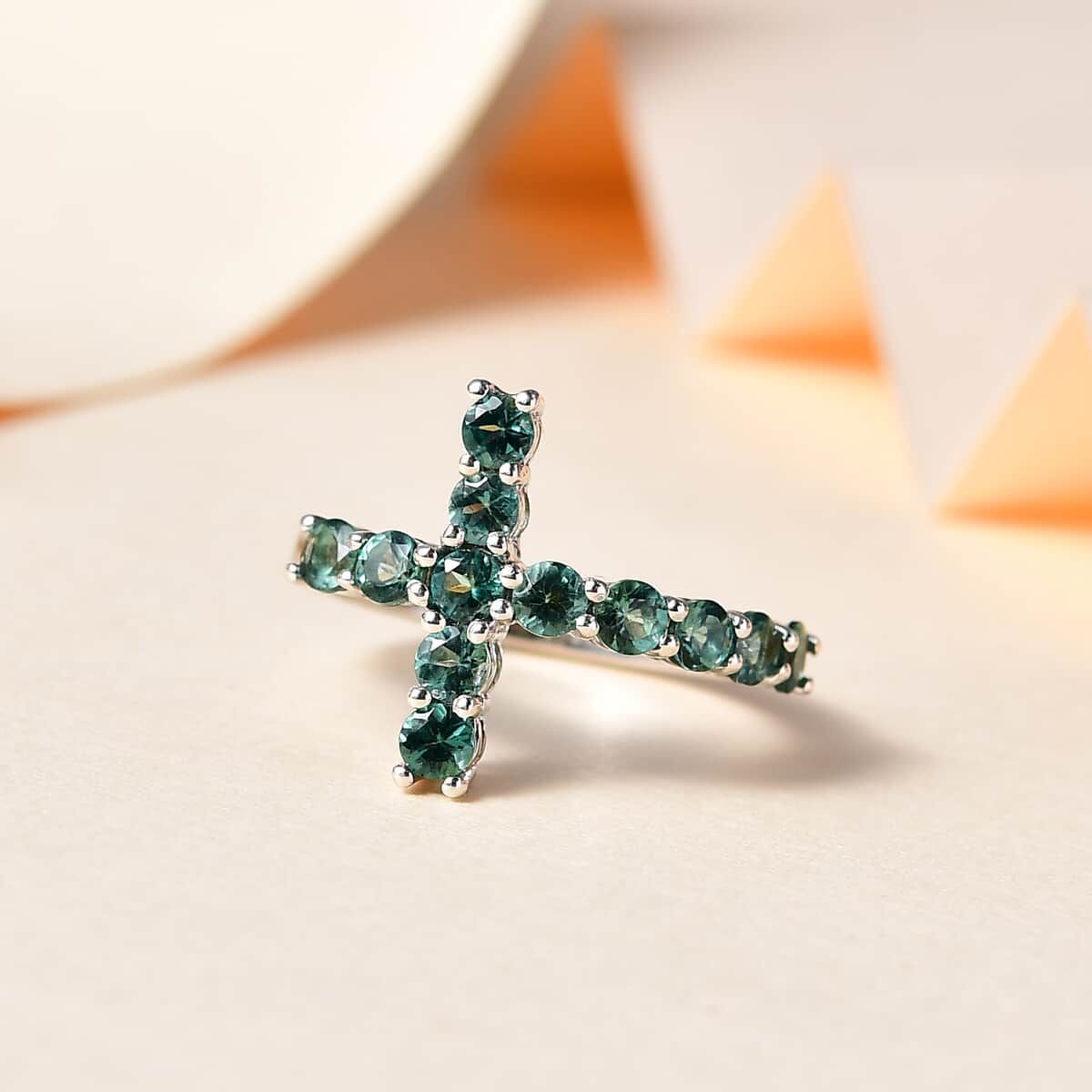 Premium Indian Ocean Apatite Cross Ring in Platinum Over Sterling Silver (Size 10.0) 1.60 ctw image number 1