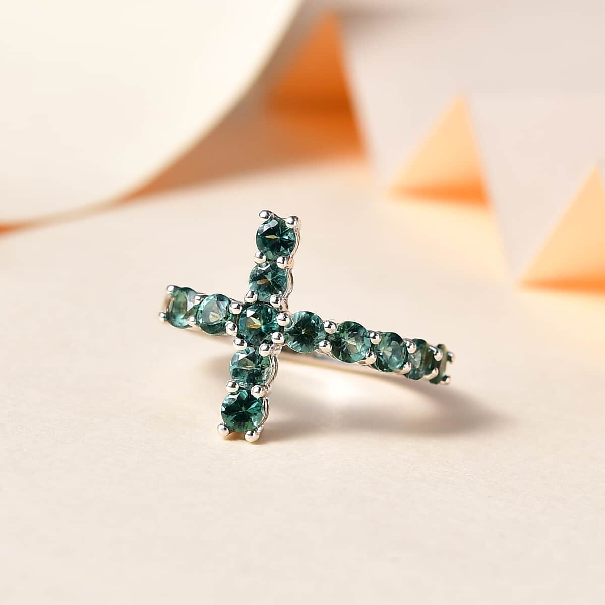 Premium Indian Ocean Apatite Cross Ring in Platinum Over Sterling Silver (Size 6.0) 1.60 ctw image number 1