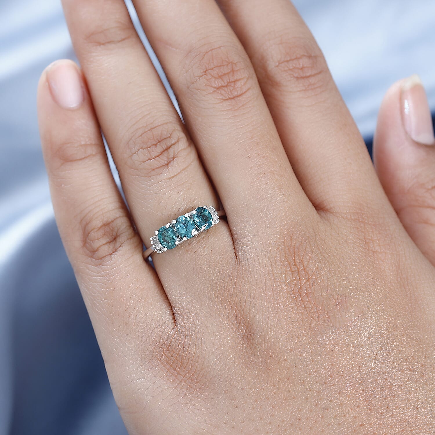 Indian Ocean Apatite, Diamond 3 Stone Ring in Platinum Over Sterling Silver (Size 10.0) 1.25 ctw
