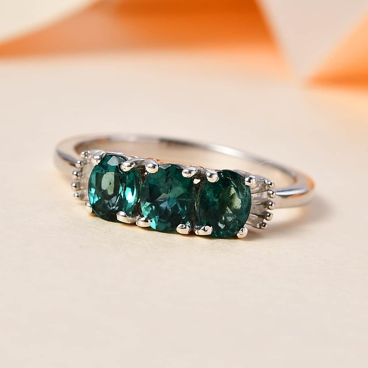 Indian Ocean Apatite and Diamond 3 Stone Ring in Platinum Over Sterling Silver (Size 5.0) 1.25 ctw image number 1
