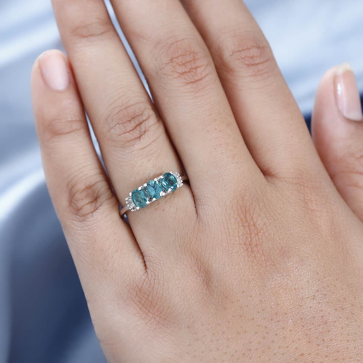 Indian Ocean Apatite and Diamond 3 Stone Ring in Platinum Over Sterling Silver (Size 8.0) 1.25 ctw image number 2