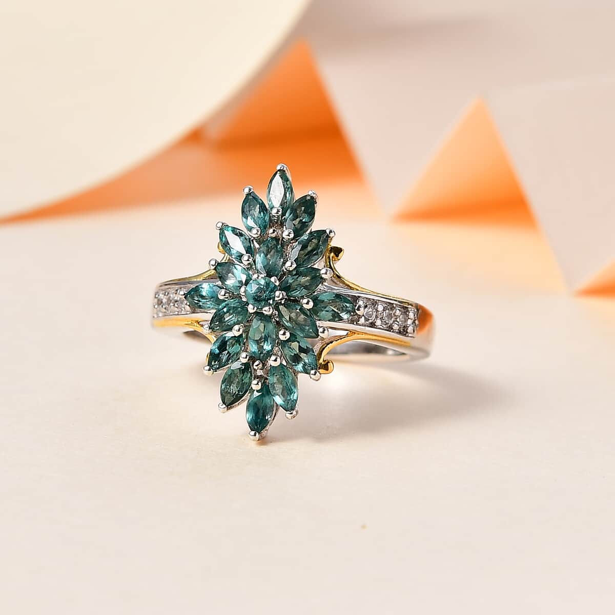 Indian Ocean Apatite and White Zircon Elongated Ring in Vermeil Yellow Gold and Platinum Over Sterling Silver (Size 10.0) 1.70 ctw image number 1